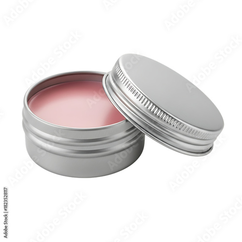 Open silver tin with pink balm or cream and a detached lid isolated on black background Keywords: tin, balm, cream, cosmetic, container, metal, silver, pink