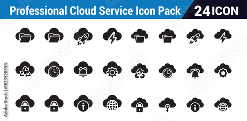 Cloud service icon pack set with folder rocket lightning recycle time bell gear lock key info global symbols