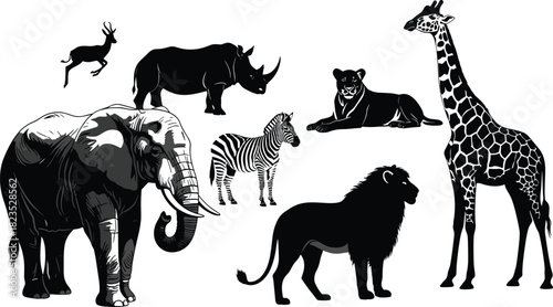 African Safari Wildlife Collection: Black and White Vector Illustrations of Elephant, Rhino, Lion, Giraffe, and Zebra for Nature Conservation and Exotic Animal Designs