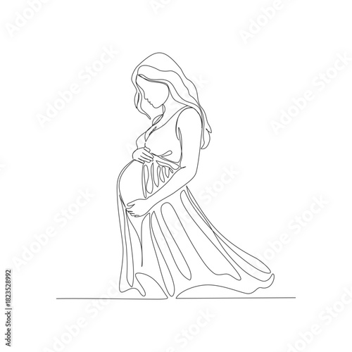 A continuous one-line illustration of a pregnant woman standing elegantly in a flowing dress, holding her baby bump