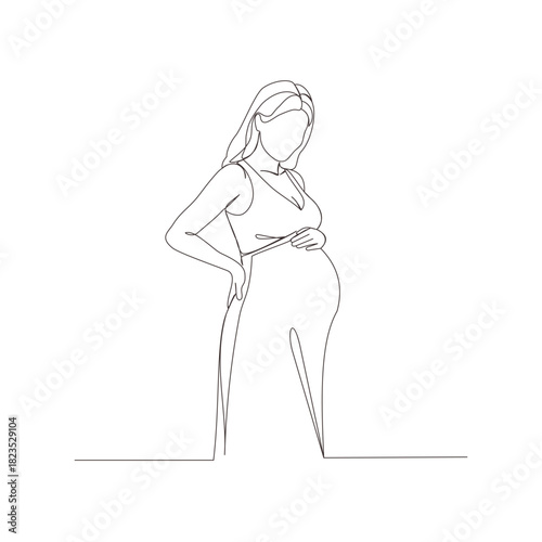 A continuous one-line illustration of a confident pregnant woman standing with her hand on her hip while cradling her baby bump