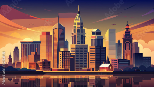 Very beautiful Philadelphia skyline at sunset, showcasing warm evening light reflecting off modern high-rise buildings, a calm atmospheric horizon, and a clear, stock-safe cityscape composition.