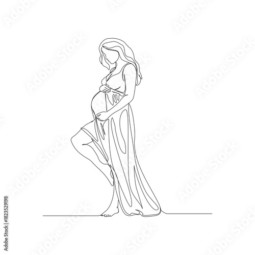 A continuous one-line illustration of a pregnant woman standing elegantly, holding her baby bump