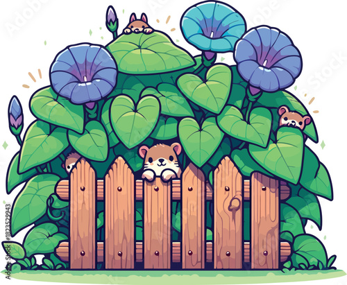 Cute Hamsters Peeking from Morning Glory Flower Fence