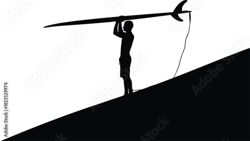 Black vector silhouette of male surfer carrying surfboard on his head standing on slope, isolated illustration for summer water sports