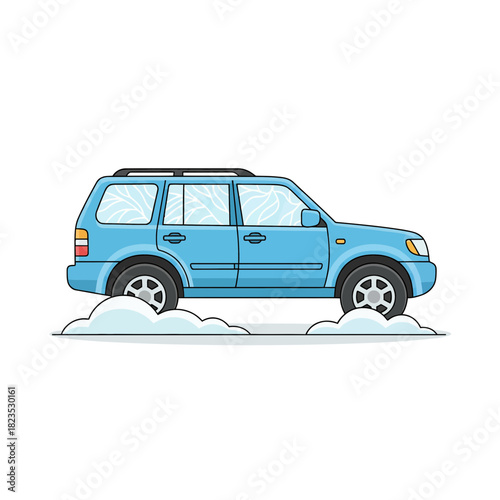 Realistic Winter Vehicle with Snow Drift and Frost Vector Illustration