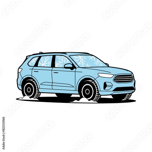 Realistic Winter Vehicle with Snow Drift and Frost Vector Illustration