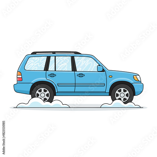 Realistic Winter Vehicle with Snow Drift and Frost Vector Illustration