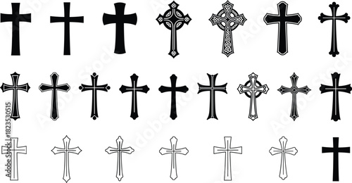 Christian cross silhouette vector set, religious crucifix symbols collection, holy catholic church signs, ornamental celtic design icons, isolated black shapes