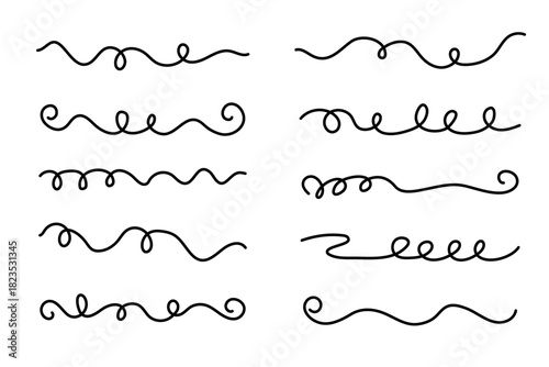Hand drawn curly wavy marker underlines strokes set. Tendril swirl doodle style various strips art lines emphasis accentuation volute collection. Isolated. Vector illustration