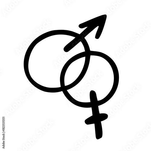 Hand Drawn Mars and Venus Symbols Combined, Gender Equality Doodle Icon, Love Romantic Concept. Isolated. Vector Illustration