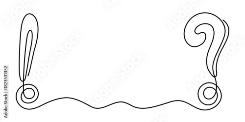 Question and exclamation marks one line art, hand drawn asking and admiration signs, continuous contour. Query FAQ concept, finding the answer. Editable stroke. Isolated. Vector illustration