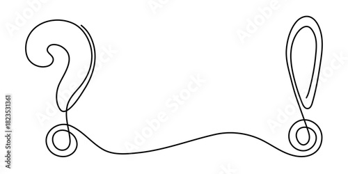 Question and exclamation marks one line art, hand drawn asking and admiration signs, continuous contour. Query FAQ concept, finding the answer. Editable stroke. Isolated. Vector illustration