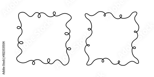 Square doodle frame stamp, hand-drawn wavy curly engagement monograms. Edgings and cadres with simple sketchy scribble swirl design photo decoration old-fashioned greeting elements. Isolated. Vector