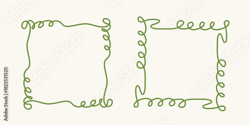 Square doodle frame stamp, hand-drawn wavy curly engagement monograms. Edgings and cadres with simple sketchy scribble swirl design photo decoration old-fashioned greeting elements. Isolated. Vector