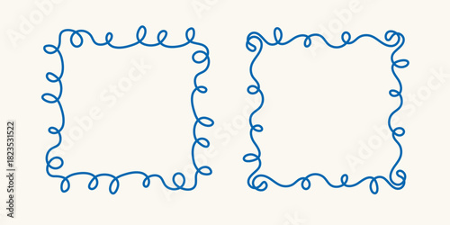 Square doodle frame stamp, hand-drawn wavy curly engagement monograms. Edgings and cadres with simple sketchy scribble swirl design photo decoration old-fashioned greeting elements. Isolated. Vector