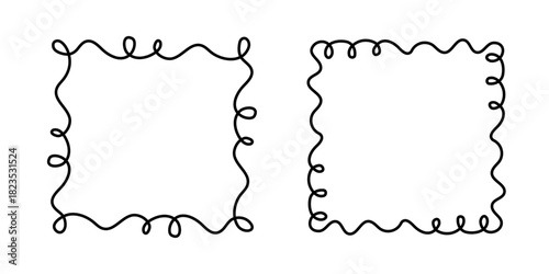 Square doodle frame stamp, hand-drawn wavy curly engagement monograms. Edgings and cadres with simple sketchy scribble swirl design photo decoration old-fashioned greeting elements. Isolated. Vector