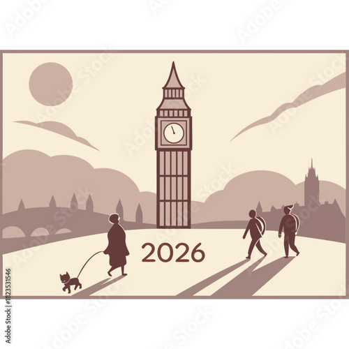 Dreamy London Scene Anticipating 2026 with Big Ben, People Strolling and a Cute Dog, Evokes Serenity and Optimism, Perfect for Travel or Future Planning