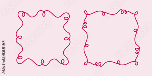 Square doodle frame stamp, hand-drawn wavy curly engagement monograms. Edgings and cadres with simple sketchy scribble swirl design photo decoration old-fashioned greeting elements. Isolated. Vector