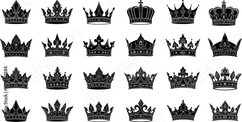 Collection of black royal crown silhouettes, vintage vector icons for king and queen, isolated heraldic symbols for luxury logo design