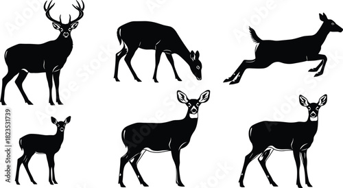 Black Silhouette Set of Deer Vector Graphics: Male Buck with Antlers, Grazing, Leaping, and Standing Does for Hunting, Nature, or Wildlife Themed Designs