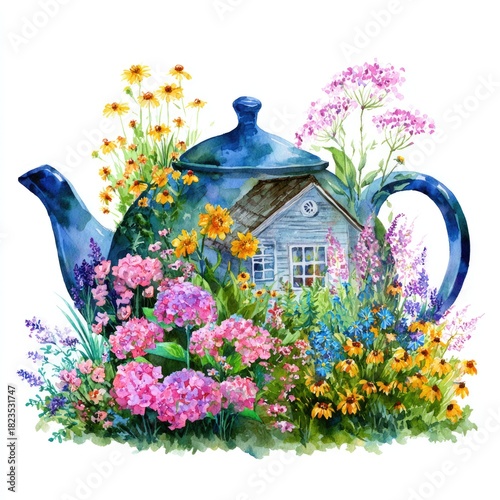 A fine watercolor illustration shows a teapot shaped like a cozy cottage. It evokes warmth and imaginative storytelling.