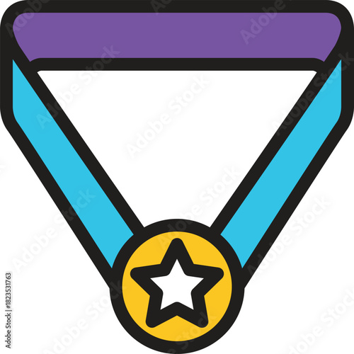 A gold medal with a blue ribbon and a purple neck strap, symbolizing achievement and success, depicted as a vector graphic