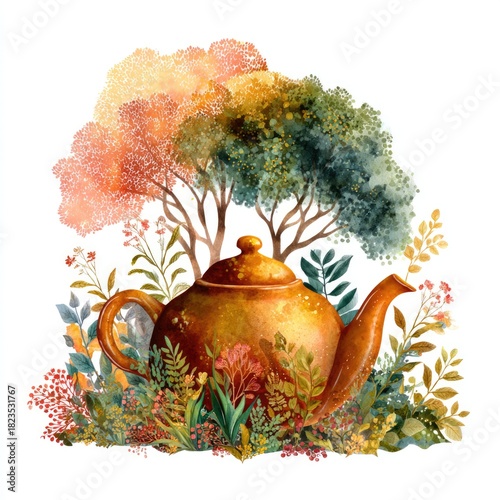 A pastel-toned watercolor shows a teapot embraced by autumn leaves and flowers. It expresses softness and the magic of gentle autumn days.
