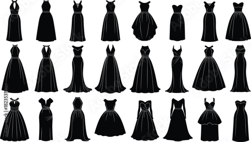Collection of evening dress silhouettes, black ball gown icons, fashion set, long party dresses, wedding bridal wear vector, isolated illustration