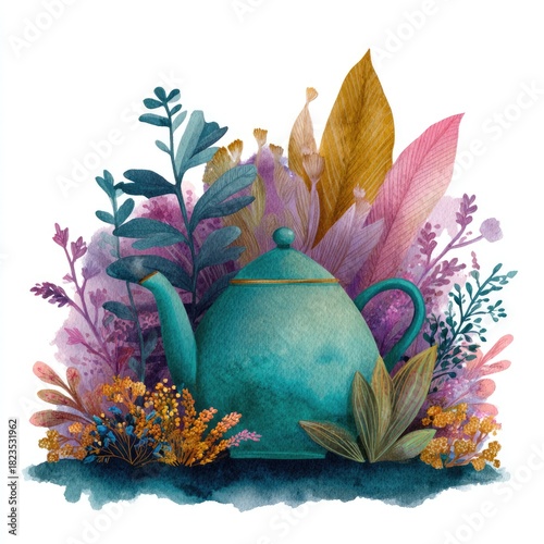 A fine watercolor illustration shows a teapot surrounded by vibrant summer flowers. It evokes freshness and a joyful seasonal mood.