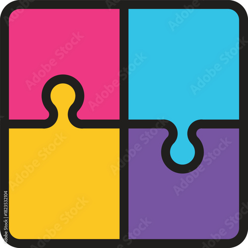 Colorful four-piece puzzle graphic for esport team collaboration, business strategy, and creative solutions