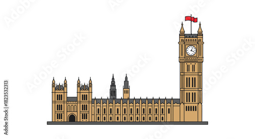 Houses of Parliament illustration iconic London landmark against a white backdrop symbolizing British history and political power for travel blogs.