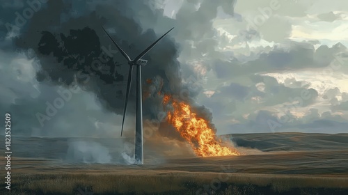 Wind Turbine on Fire in Field with Smoke, Environmental Disaster, Renewable Energy Failure, Climate Change, Digital Illustration
