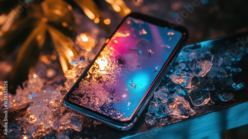 Smartphone Displaying Abstract Colorful Pattern with Ice Cubes and Condensation, Modern Technology, Product Photography, Cold Aesthetic, and Vibrant Lighting