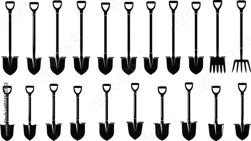 Collection of shovel and spade silhouettes, garden tool set including pitchforks, black construction equipment icons, vector illustration isolated on white