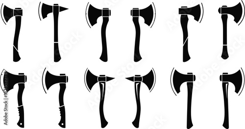 Collection of vector axe and hatchet silhouettes, black isolated tools for lumberjack work, carpentry, weapon, and camping design icons