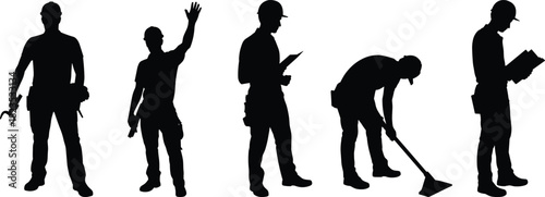 Construction worker silhouettes, vector set of builders in hard hats, industrial labor men, engineering job collection, isolated black figures, manual work