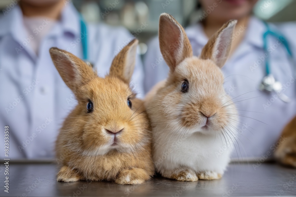 Obraz premium Nurses caring for rabbits in a veterinary clinic during the day, focusing on gentle treatment and health checks for small animals in need of care