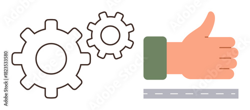 Two gears symbolizing processes and mechanisms with a thumbs-up hand signal next to a road, suggesting approval, progress, and teamwork. Ideal for success, collaboration, systems, innovation