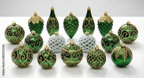 Elegant green and gold christmas ornaments on white surface