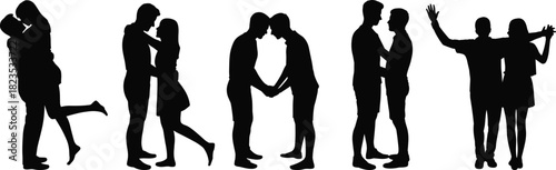 Diverse couples silhouette vector set, gay and straight lovers hugging, LGBTQ relationship collection, romantic people design, isolated black figures