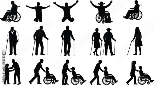Disability silhouette vector set, people in wheelchair, elderly with walking stick, caregiver assistance icons, handicapped mobility collection, isolated black figures