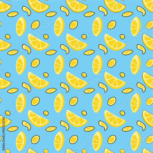 Lemon wedges arranged like droplets in seamless curved formations, bright colors, solid shapes, 3D glow