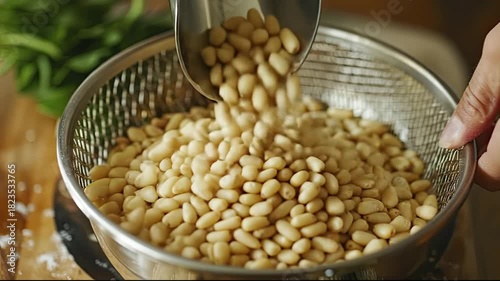 Close-up of a scoop pouring cream-colored pine nuts into a metal mesh strainer held by a hand over a wooden surface