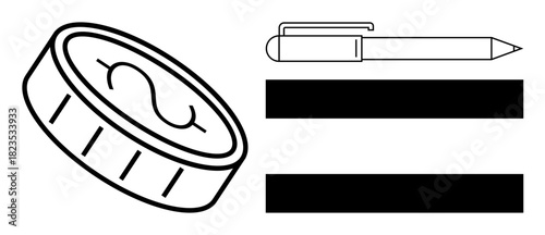 Dollar coin with groove detail, ballpoint pen, and black equal bars. Ideal for finance, equality, monetary policy, contracts, legal system economic balance wealth distribution. Minimalist flat