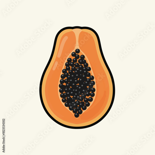 Flat vector papaya cut open, solid orange body, dark seeds cluster, subtle 3D depth, minimal style, solid background