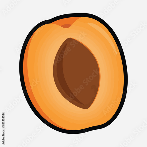 Flat vector apricot half with solid orange body, exposed brown pit, soft 3D glow, smooth silhouette, modern clean background