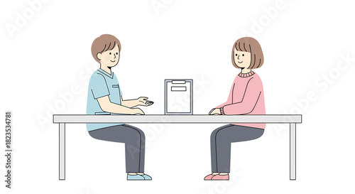 Illustration of a woman consulting with a healthcare professional at a table.