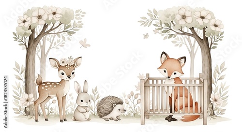 Watercolor woodland animals nursery art with deer fox rabbit and hedgehog