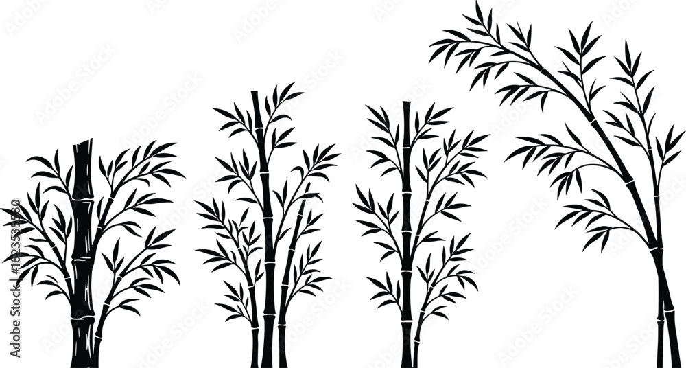Naklejka premium Bamboo growth icon set, black stalk illustration, nature development stages, minimalist plant design, abstract botanical artwork